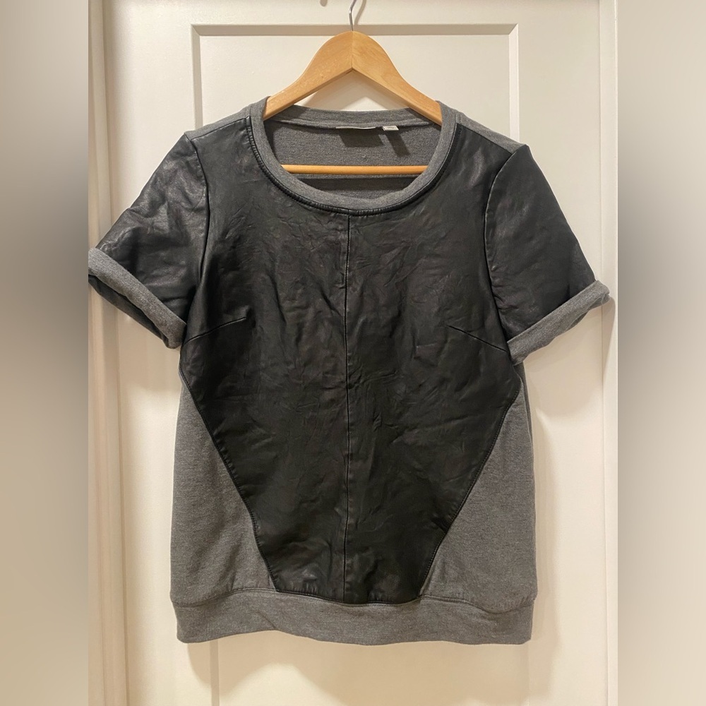 Halogen Black Leather and Gray Knit Top